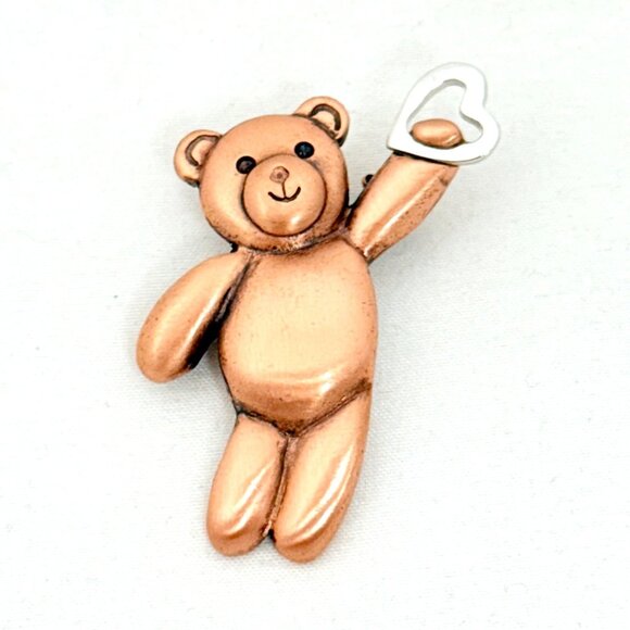 Teddybear Pin/Brooch Copper Tone with Open Silver Tone Heart - Picture 1 of 4